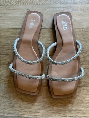 ZARA Tan Slide Sandals with Crystal-Strap Detail
